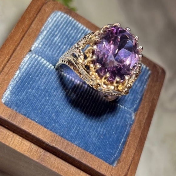 Vintage Estate Giant Amethyst Ring Solid 14k Gold caged prongs Filigree Ring 14K - Picture 5 of 16